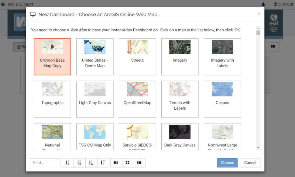 New Dashboard - Choose a web map