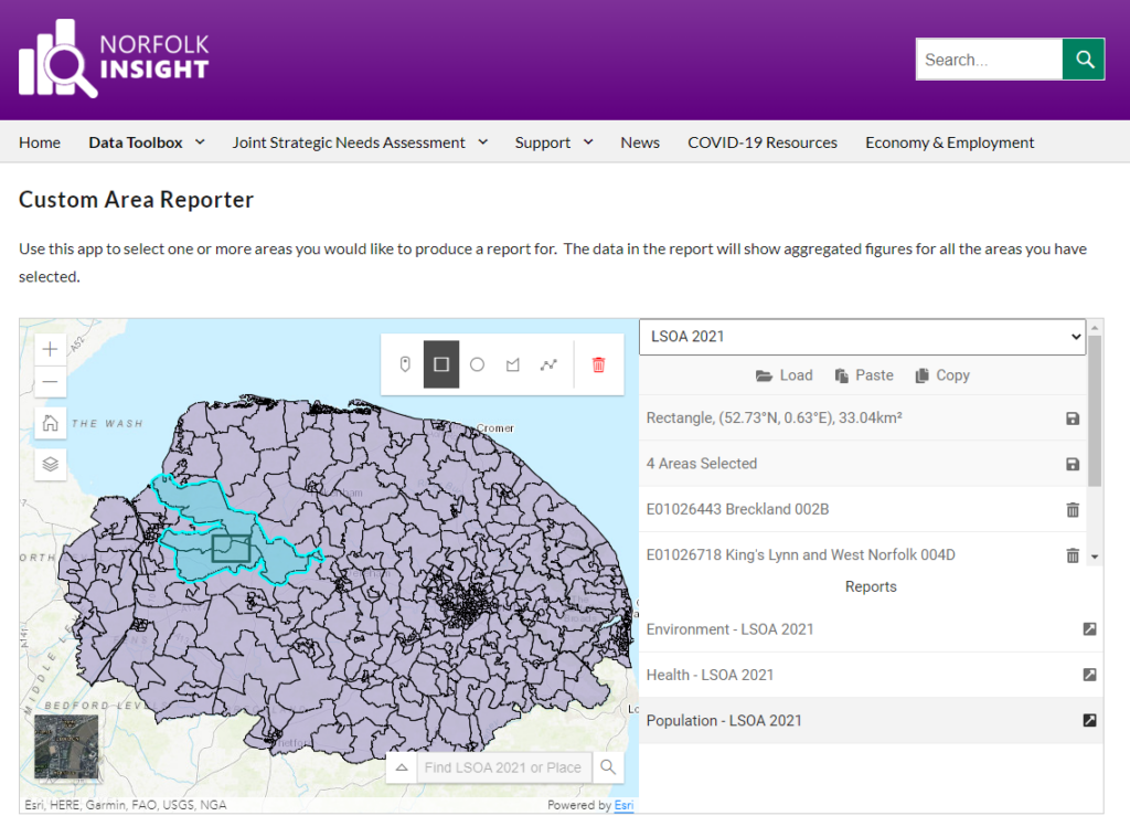 Customer Area Reporter app showing reports for Census 2021 data
